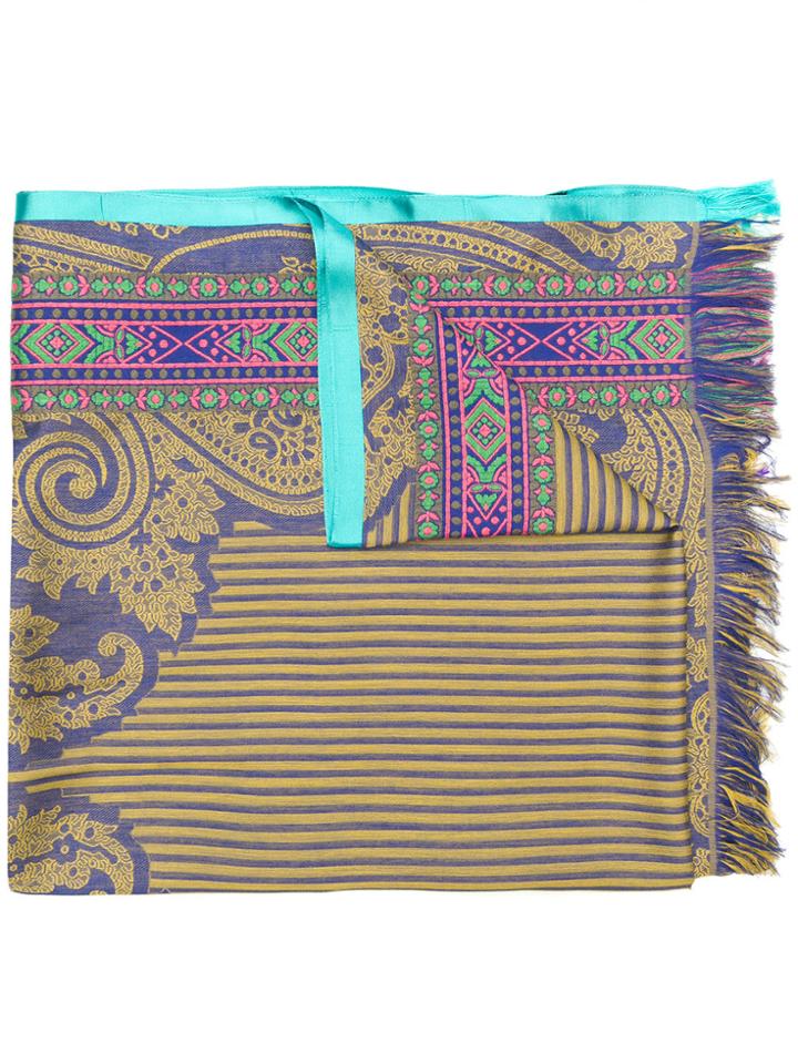 Etro Embroidered Fringed Scarf - Blue