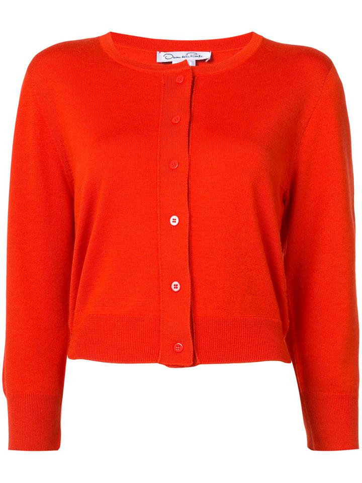 Oscar De La Renta - Cropped Sleeve Cardigan - Women - Silk/virgin Wool - Xl, Red, Silk/virgin Wool
