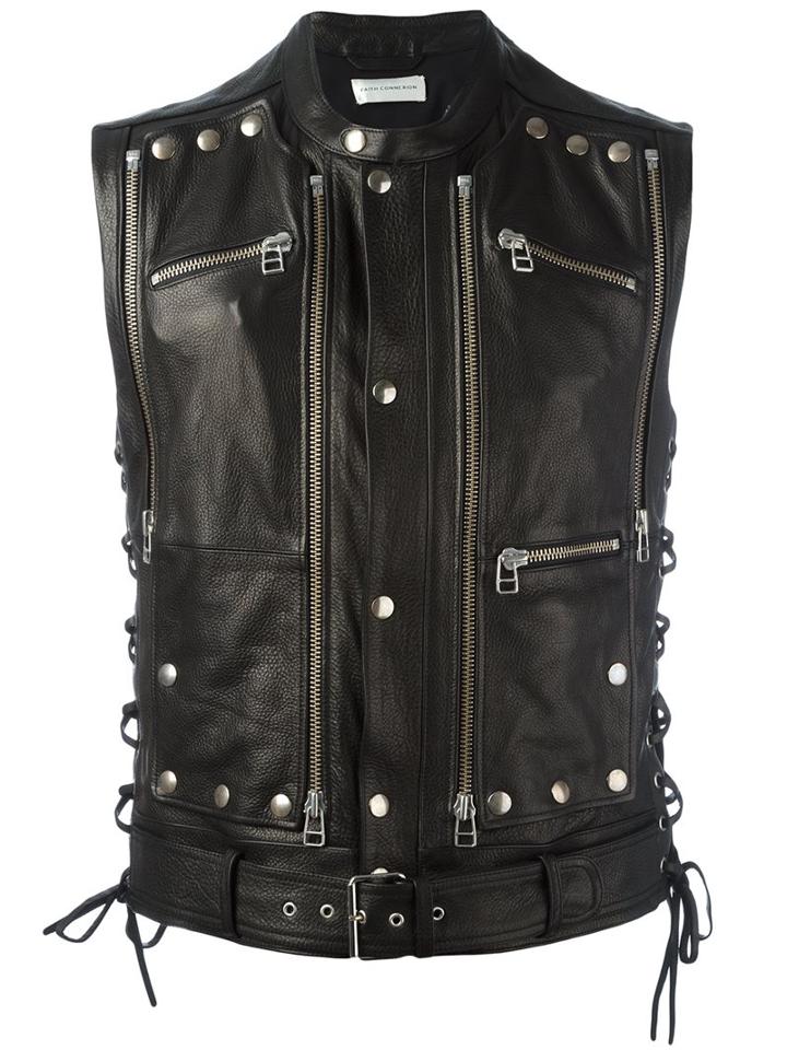 Faith Connexion Studded Zip Up Sleeveless Jacket, Men's, Size: Medium, Black, Cotton/leather/polyester