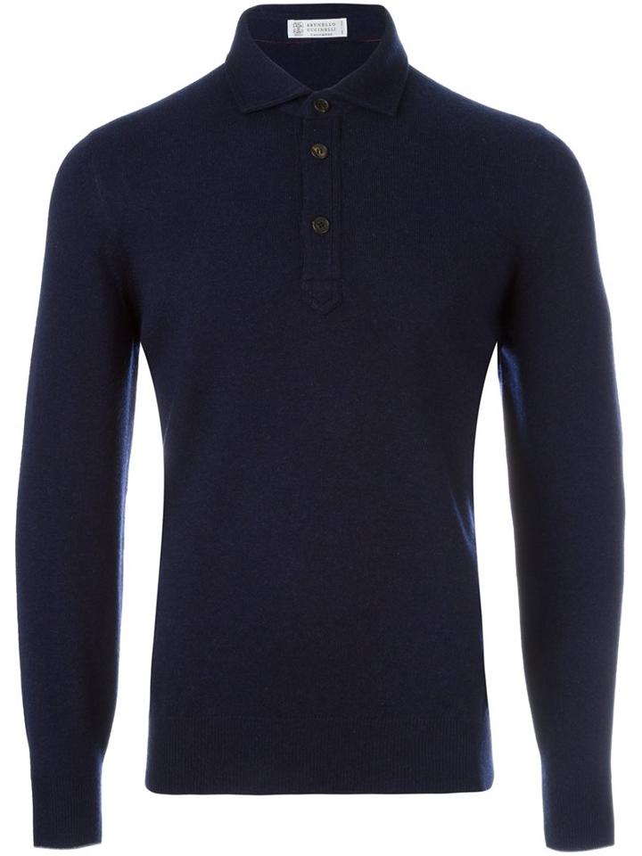 Brunello Cucinelli Polo Collar Jumper, Men's, Size: 46, Blue, Silk/cashmere/virgin Wool