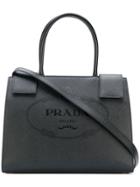 Prada Embossed Saffiano Logo Tote - Black