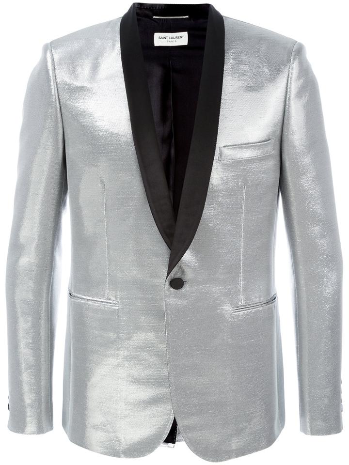 Saint Laurent Iconic Le Smoking Jacket, Men's, Size: 48, Grey, Cotton/acetate/lurex/silk