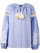 Wandering - Embroidered Bell Sleeve Blouse - Women - Cotton/linen/flax - 40, Blue, Cotton/linen/flax