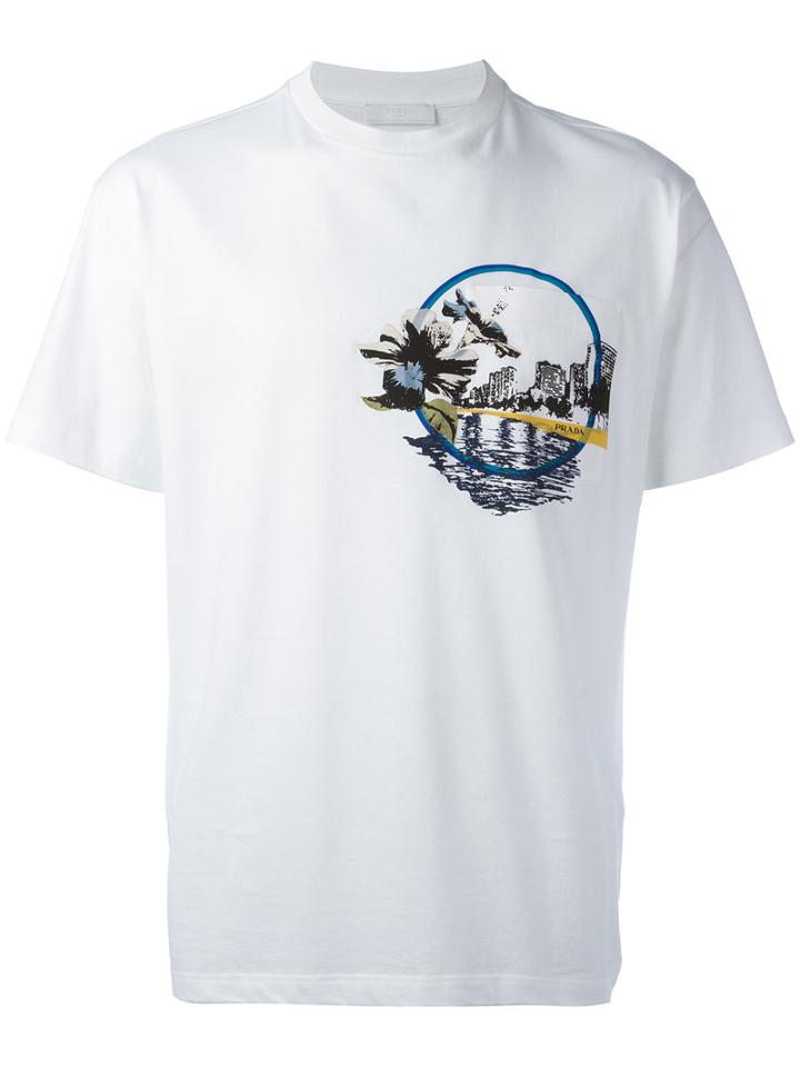 Prada Building Chest Print T-shirt, Men's, Size: Xs, White, Cotton