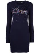 Love Moschino Embellishment Logo Sweater Dress, Women's, Size: 42, Blue, Polyamide/viscose/wool