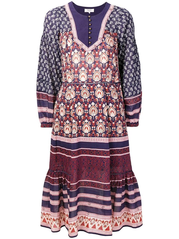 Sea Contrasting Panels Midi Dress - Blue