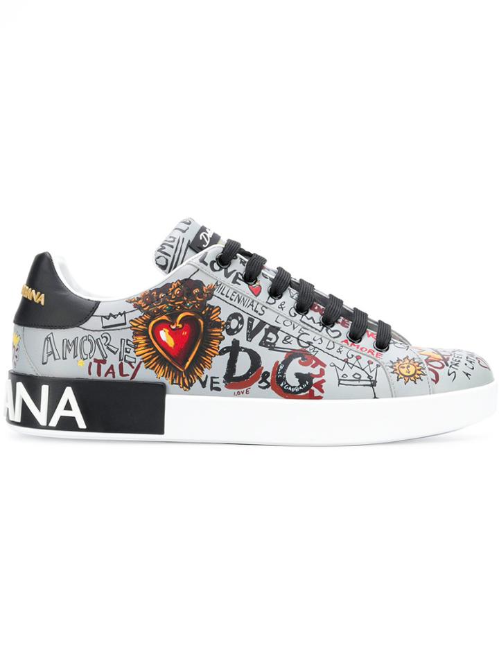Dolce & Gabbana Portofino Graffiti Print Sneakers - Grey