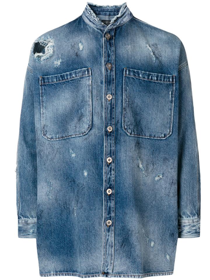Overcome Stonewashed Distressed Denim Shirt - Blue