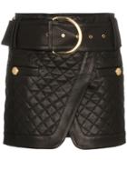 Balmain Low Waist Quilted Wrap Leather Mini Skirt - Black