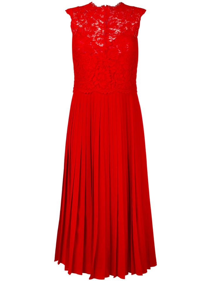Valentino Heavy Lace Pleated Midi Dress, Women's, Size: 42, Red, Virgin Wool/cotton/viscose/polyamide