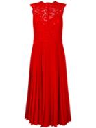 Valentino Heavy Lace Pleated Midi Dress, Women's, Size: 42, Red, Virgin Wool/cotton/viscose/polyamide