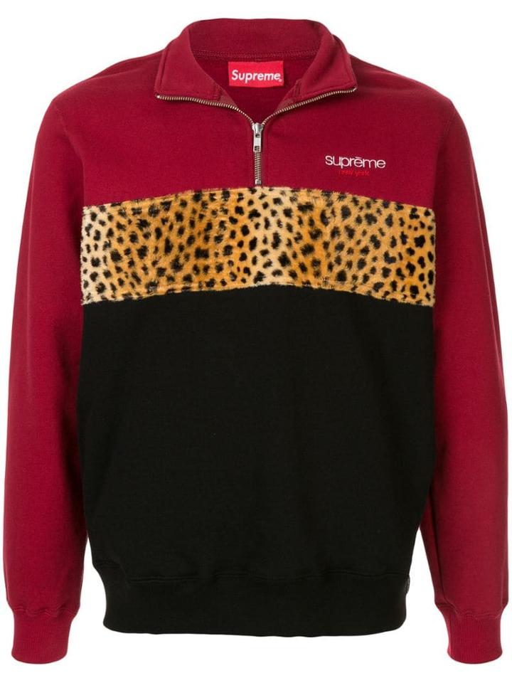 Supreme Leopard Panel Half Zip Sweatshirt - Red