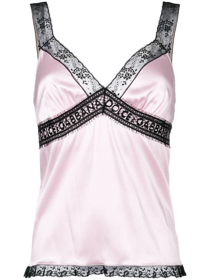 Dolce & Gabbana Plunge Neck Lace Detail Cami - Pink & Purple