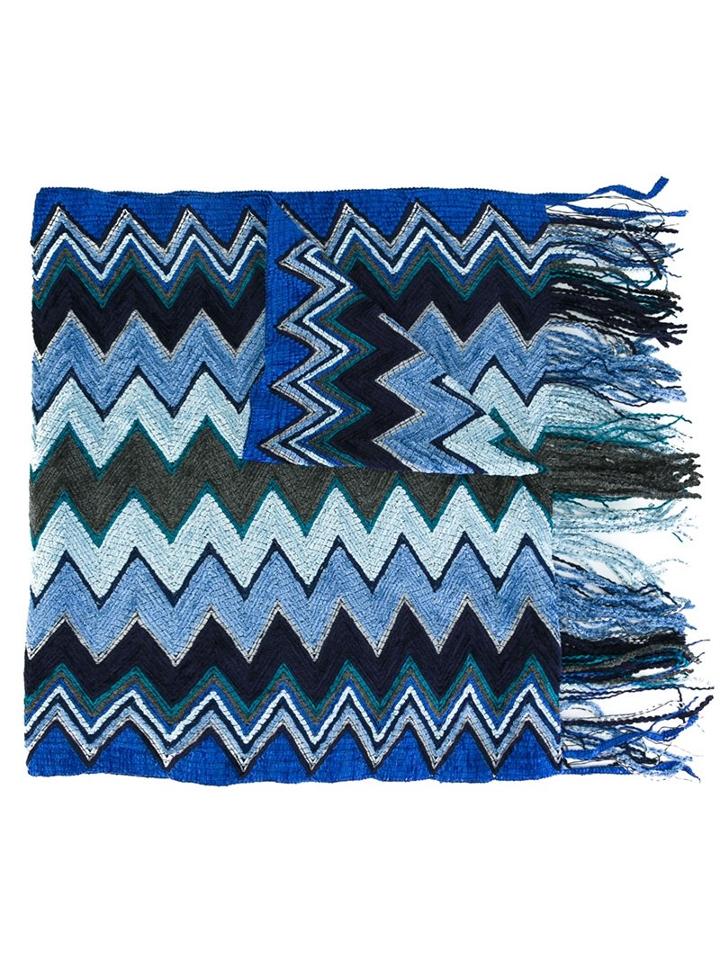 Missoni Zig Zag Fringed Scarf, Women's, Blue, Viscose/acrylic/polyester