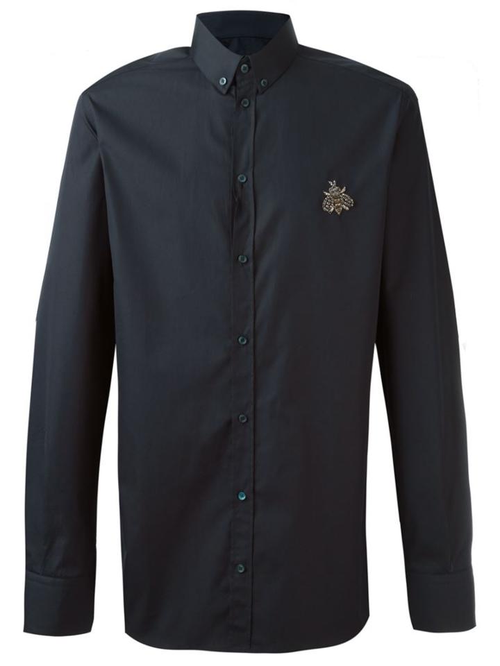 Dolce & Gabbana Bee Appliqué Shirt, Men's, Size: 43, Blue, Cotton/crystal/glass/silk