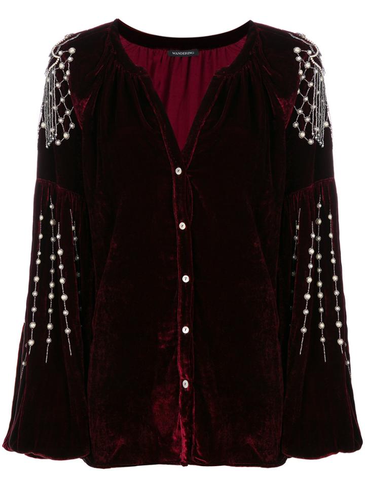Wandering Embellished Velvet Blouse - Red