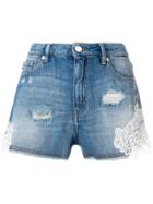 Love Moschino Lace Trim Distressed Shorts - Blue
