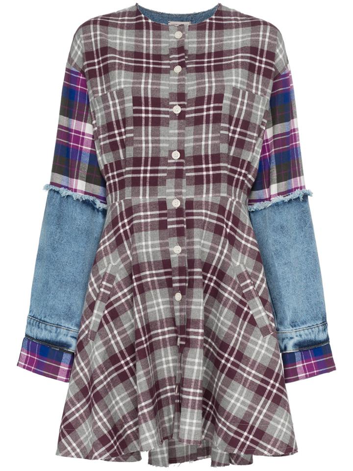 Natasha Zinko Check Print Denim Sleeve Cotton Mini Dress - Grey