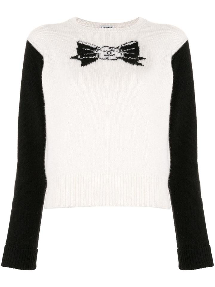Chanel Vintage Intarsia-bow Cashmere Jumper - White