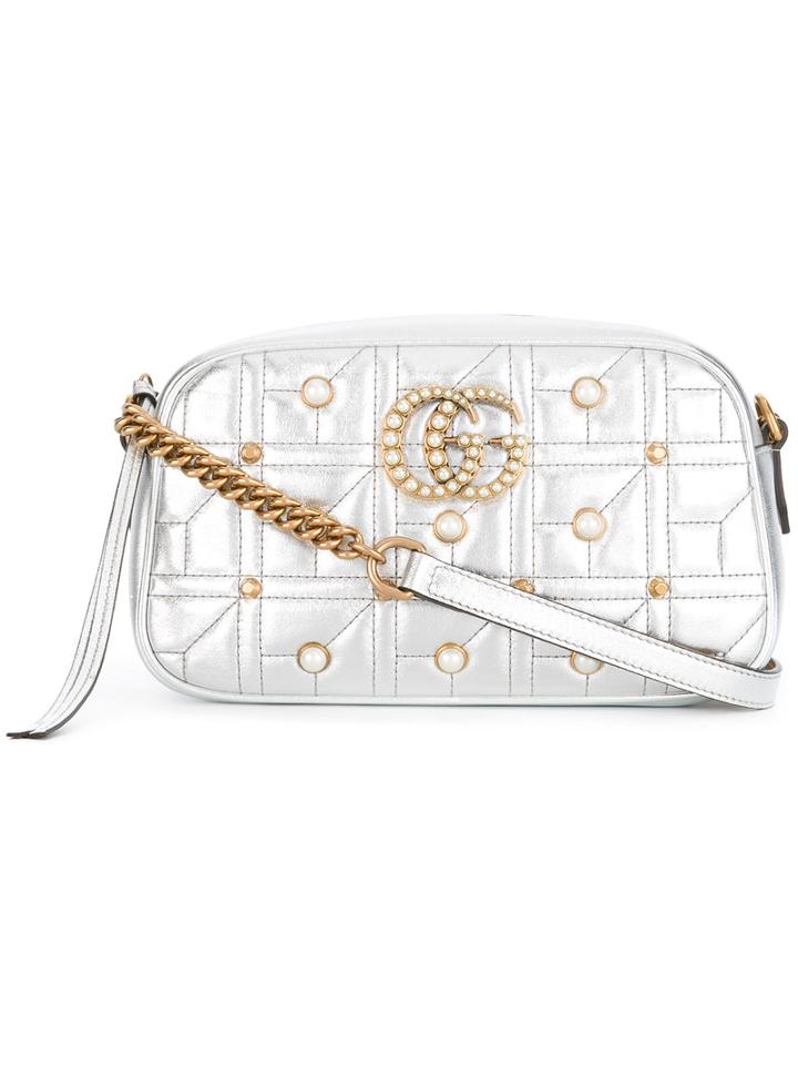 Gucci Gg Marmont Shoulder Bag, Women's, Grey, Leather/glass/metal