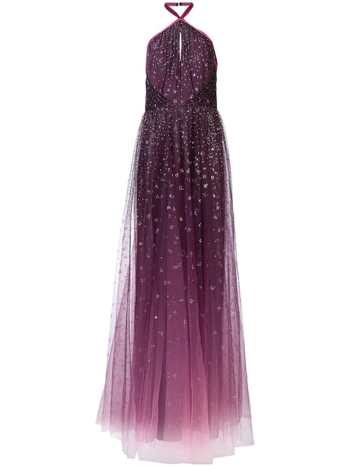 Marchesa Notte Ombré Glitter Tulle Halter Gown - Pink & Purple