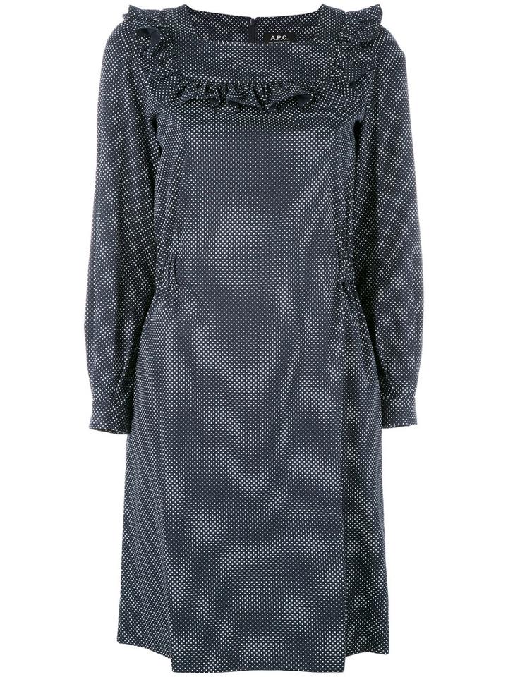 A.p.c. - Polka Dot Ruffle Dress - Women - Cotton/lyocell - 34, Blue, Cotton/lyocell