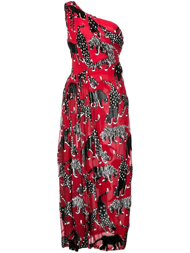 Carolina Herrera Animals Printed One Shoulder Dress - Red