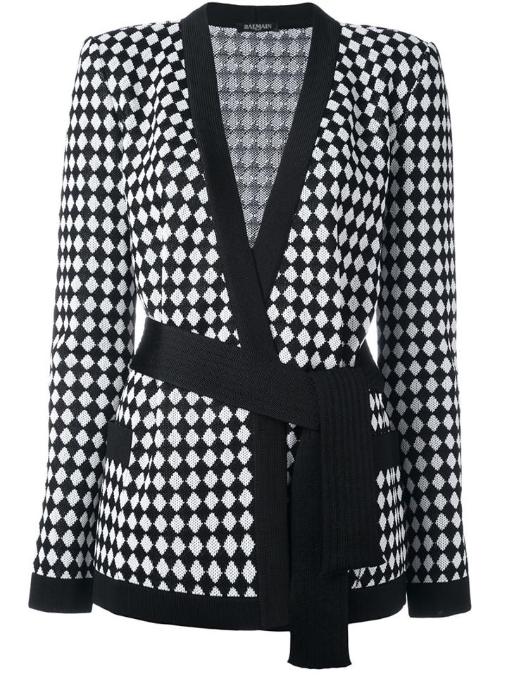 Balmain Checked Belted Cardigan, Women's, Size: 42, Black, Viscose