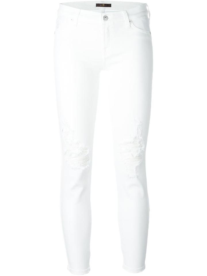7 For All Mankind Ripped Knee Skinny Jeans, Women's, Size: 26, White, Cotton/polyester/spandex/elastane