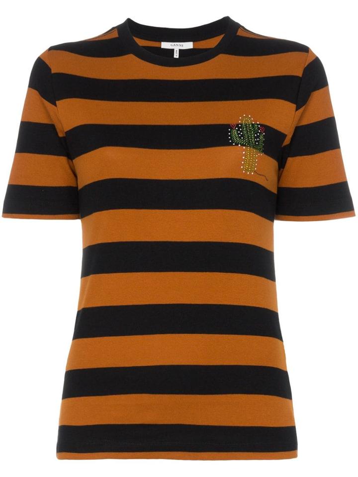 Ganni Everman Crystal Cactus Embellished Stripe Cotton T Shirt - Brown