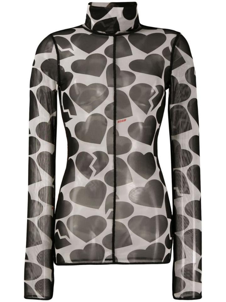 Msgm Mesh Heart Print Top - Black