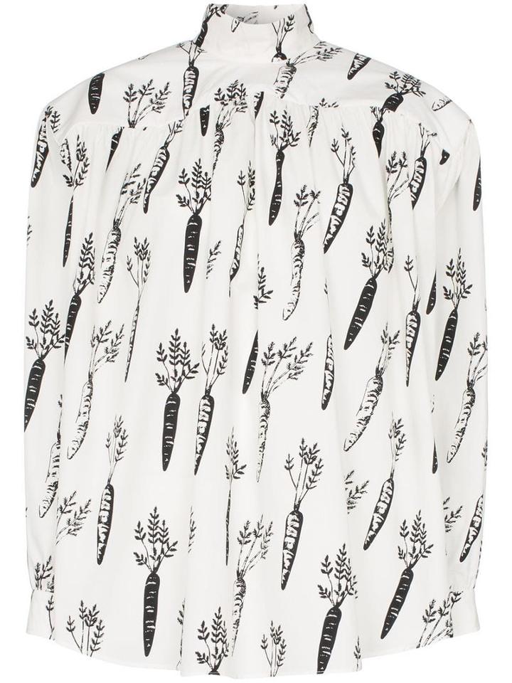 Pushbutton Carrot Print Boxy Blouse - White