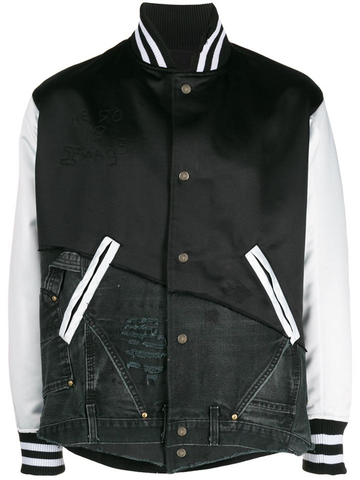 Greg Lauren Asymmetric Satin And Denim Varsity Jacket - Black
