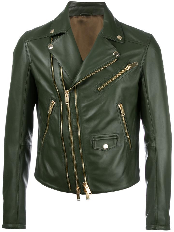 Les Hommes Zip Up Jacket, Men's, Size: 50, Green, Leather/acetate
