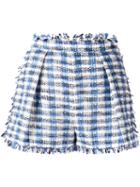 Msgm Fringed Plaid Shorts, Women's, Size: 40, Blue, Cotton/viscose/acrylic/polyester