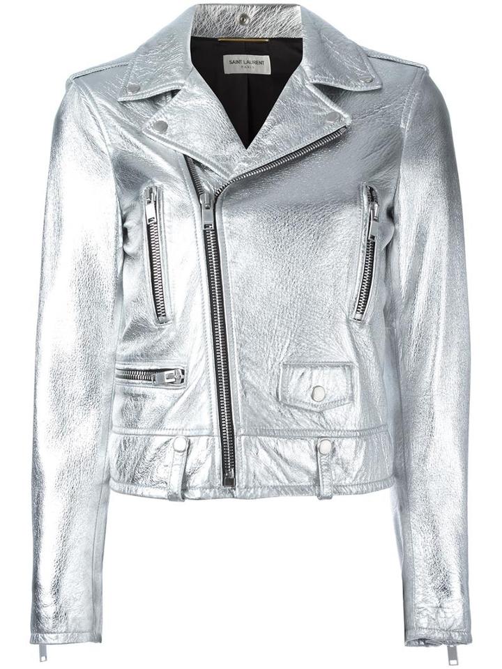 Saint Laurent Metallic (grey) Biker Jacket, Women's, Size: 40, Cupro/cotton/lamb Skin