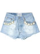 Forte Couture - Pearl Detail Distressed Mini Shorts - Women - Cotton/metal (other)/plastic - 26, Blue, Cotton/metal (other)/plastic