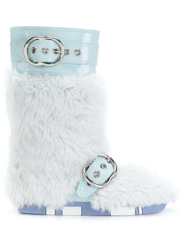 Miu Miu Fur Buckled Boots - Blue