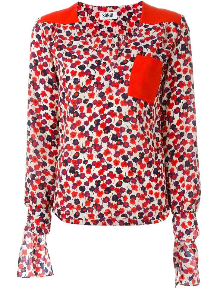 Sonia By Sonia Rykiel Floral Print Panel Detail Tie Sleeves V Neck Blouse