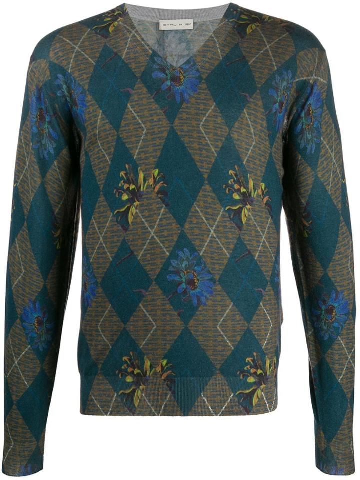 Etro Argyle Floral Print Jumper - Blue