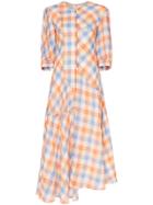 Rejina Pyo Check Print Peasant Sleeve Asymmetric Midi Dress - Blue