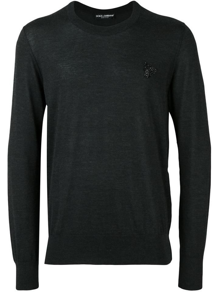 Dolce & Gabbana Bee Appliqué Jumper, Men's, Size: 50, Grey, Polyester/crystal/cashmere/glass