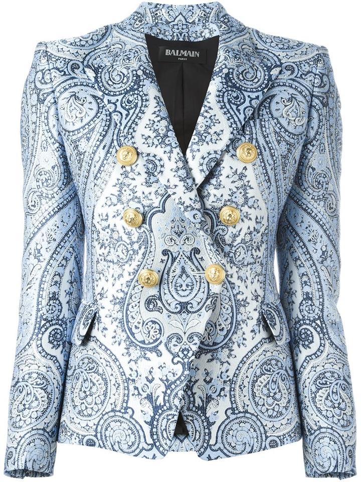 Balmain Paisley Double Breasted Blazer, Women's, Size: 36, Blue, Cotton/polyester/viscose