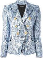 Balmain Paisley Double Breasted Blazer, Women's, Size: 36, Blue, Cotton/polyester/viscose