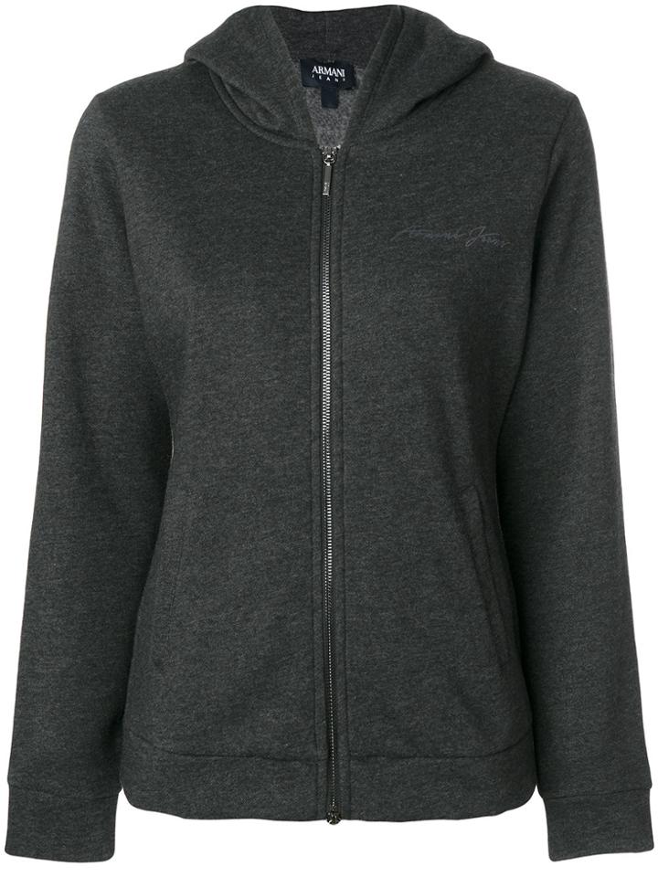 Armani Jeans Signature Embroidery Zipped Hoodie - Grey