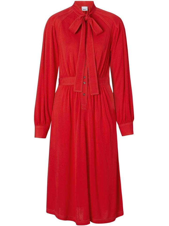 Burberry Topstitch Detail Jersey Tie-neck Dress - Red