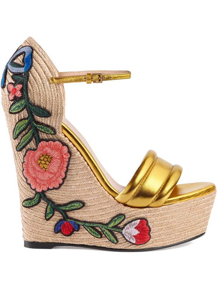 Gucci Embroidered Metallic Leather Platform Espadrilles - Nude &
