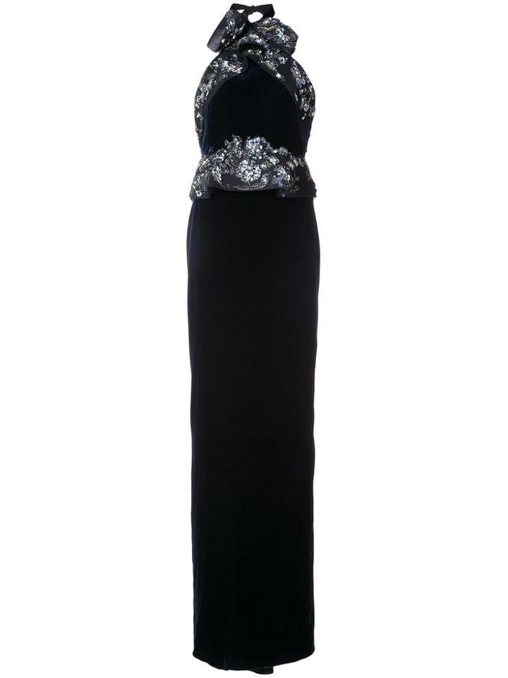Marchesa Beaded Velvet Halterneck Gown - Blue