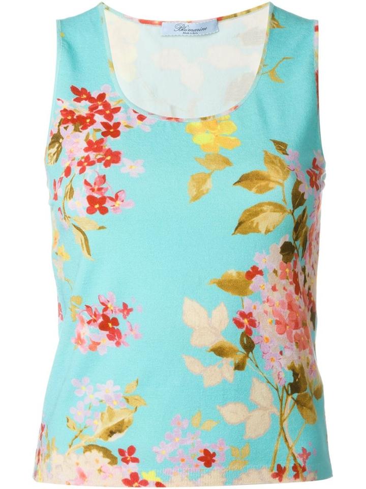 Blumarine Floral Print Knit Top, Women's, Size: 44, Blue, Spandex/elastane/viscose