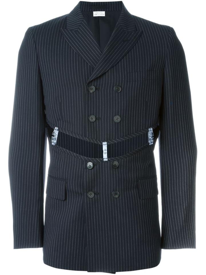 Comme Des Garçons Homme Plus Belted Striped Blazer, Men's, Size: Medium, Blue, Cupro/wool